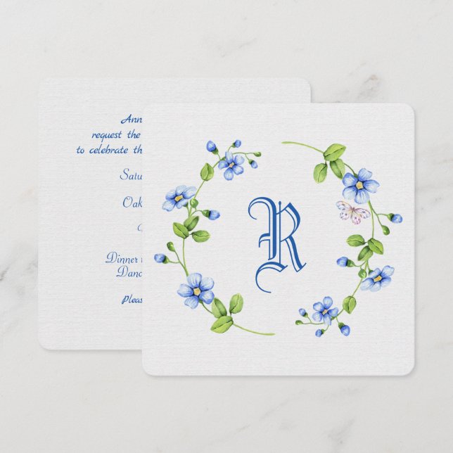 simple blue floral wreath with monogram invitation (Front/Back)