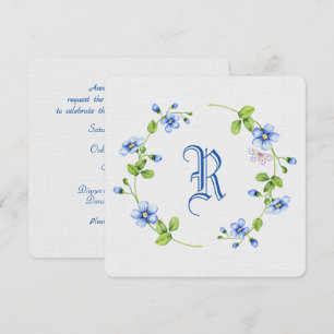 simple blue floral wreath with monogram invitation