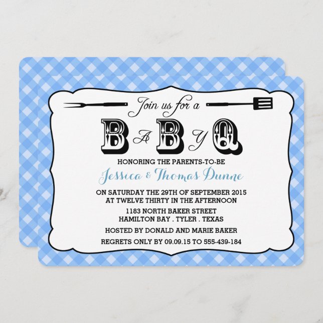 Simple Blue Gingham BBQ Baby Shower Invitations (Front/Back)