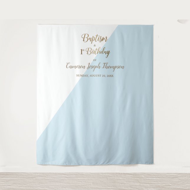 Simple Blue Gold Baby Boy baptism first birthday Tapestry (Front)