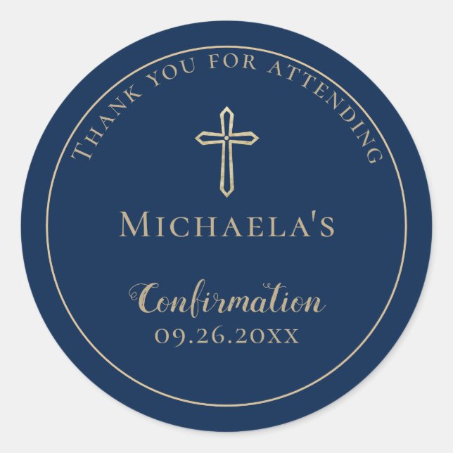 Simple Blue Gold Cross Confirmation Classic Round Sticker (Front)