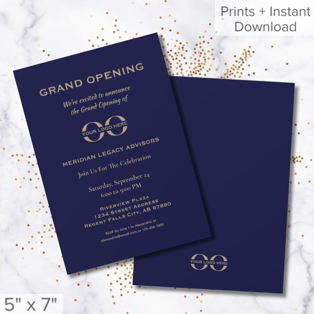 Simple Blue Gold Grand Opening Logo Invitation (Creator Uploaded)