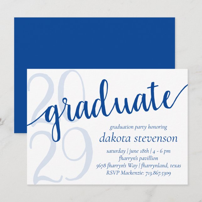 Simple Blue Graduation | Royal Cerulean with Year Invitation (Front/Back)