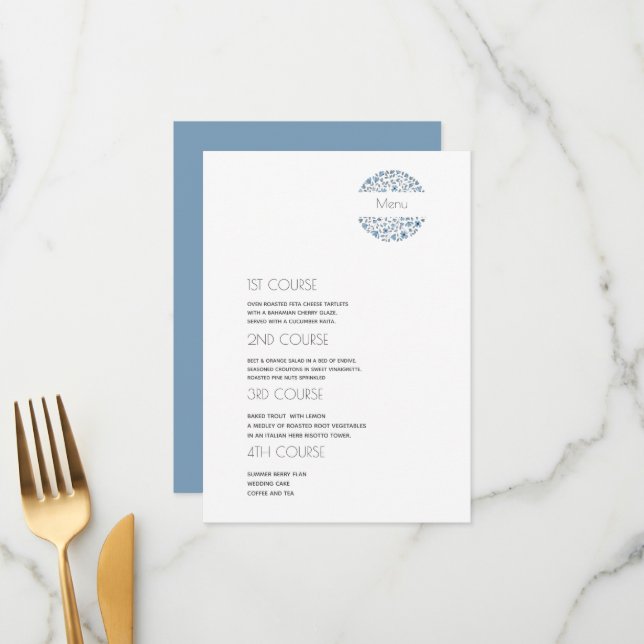 Simple Blue grey  4 Course  Wedding  Menu (Front/Back In Situ)
