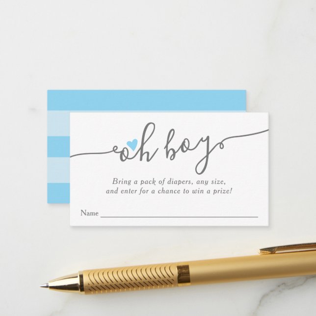 Simple Blue Heart Boy Baby Shower Diaper Raffle Enclosure Card (Front/Back In Situ)