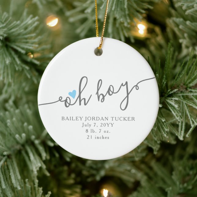 Simple Blue Heart OH BOY Baby's 1st Christmas Ceramic Ornament (Tree)