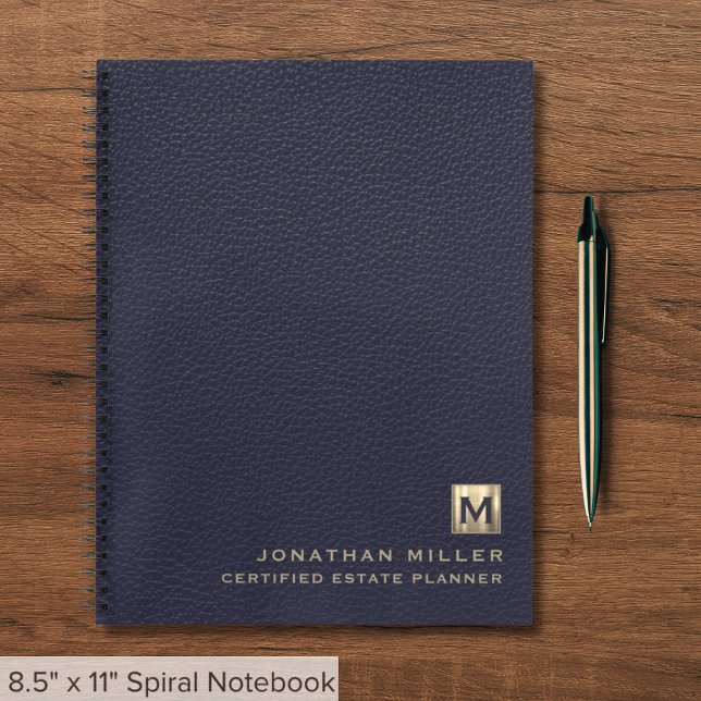 Simple Blue Leather Elegant Gold Monogram Notebook (Creator Uploaded)