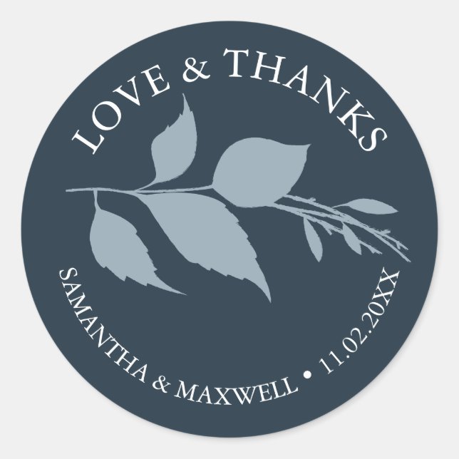 Simple Blue Leaves Thank You Wedding Classic Round Sticker (Front)