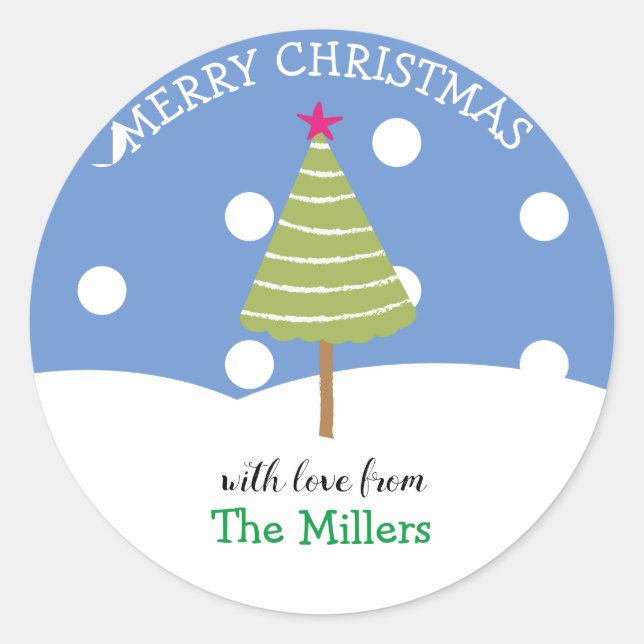 Simple Blue Merry Christmas Tree Classic Round Sticker (Front)