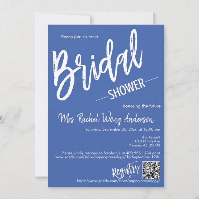 Simple Blue Minimal Script Bridal Shower QR Code Invitation (Front)