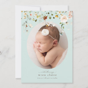 Simple Blue Mint Wildflowers Birth Announcement