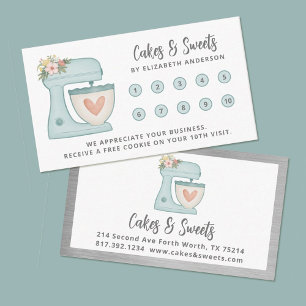 Simple Blue Mixer Floral Cake Bakery Business Loyalty Card