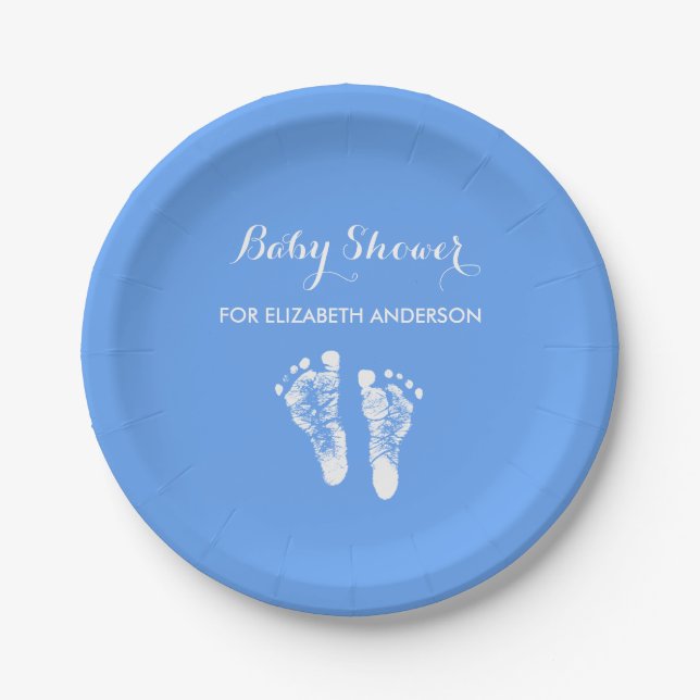 Simple Blue Newborn Footprints Boy Baby Shower Paper Plate (Front)