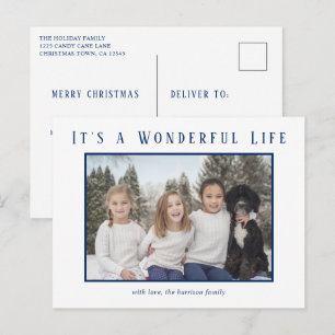 Simple Blue Photo Minimalist Modern Christmas Holiday Postcard