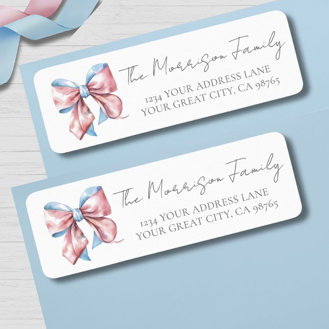 Simple Blue Pink Bow Gender Reveal Return Address (Simple Blue Pink Bow Gender Reveal Return Address label)