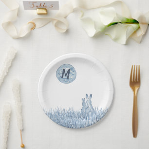 Simple Blue Rabbits, Moon Monogram Custom, Love Paper Plate