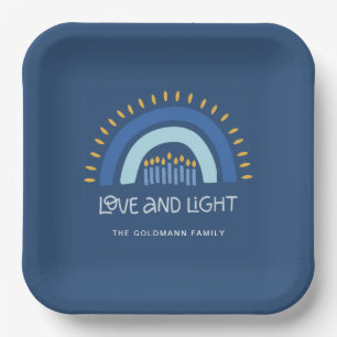 Simple Blue Rainbow Candles Love & Light Hanukkah Paper Plate