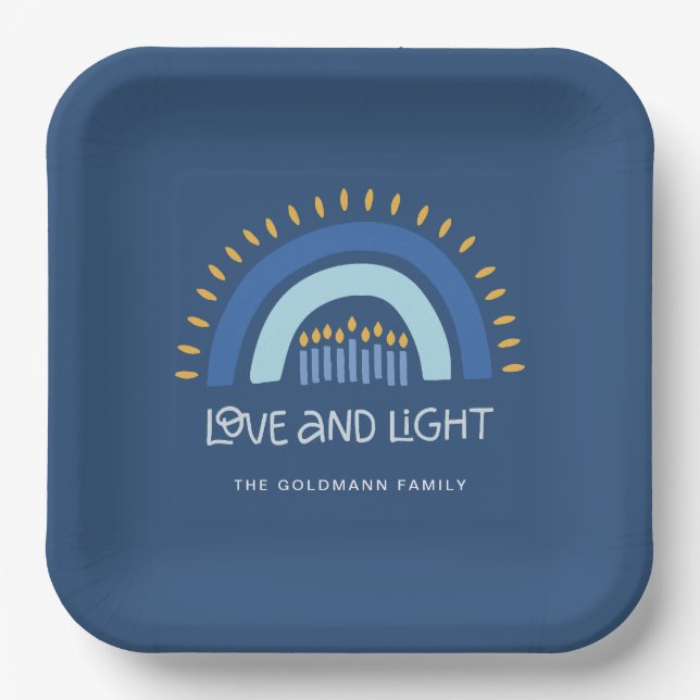 Simple Blue Rainbow Candles Love & Light Hanukkah Paper Plate (Front)