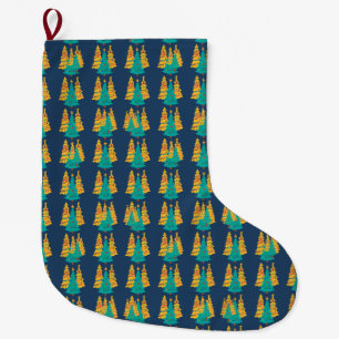 Simple Blue retro Christmas pine tree Pattern Large Christmas Stocking
