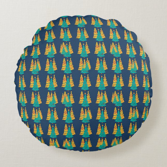 Simple Blue retro Christmas pine tree Pattern Round Pillow (Front)