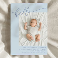 Simple Blue Script Cute Hello Baby Two Photo Birth