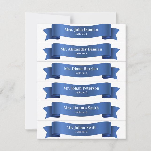 Simple Blue Silk Ribbon Banner Wedding Place Cards (Front)