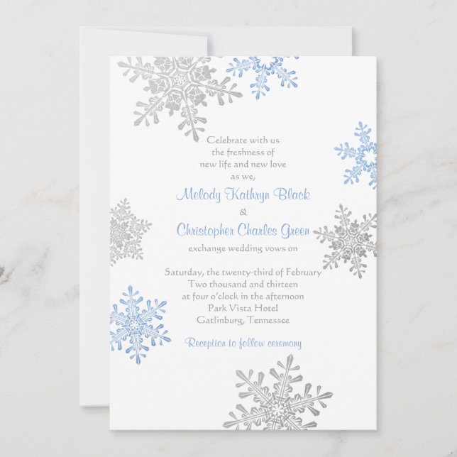 Simple Blue Silver Snowflake Winter Wedding Invitation (Front)