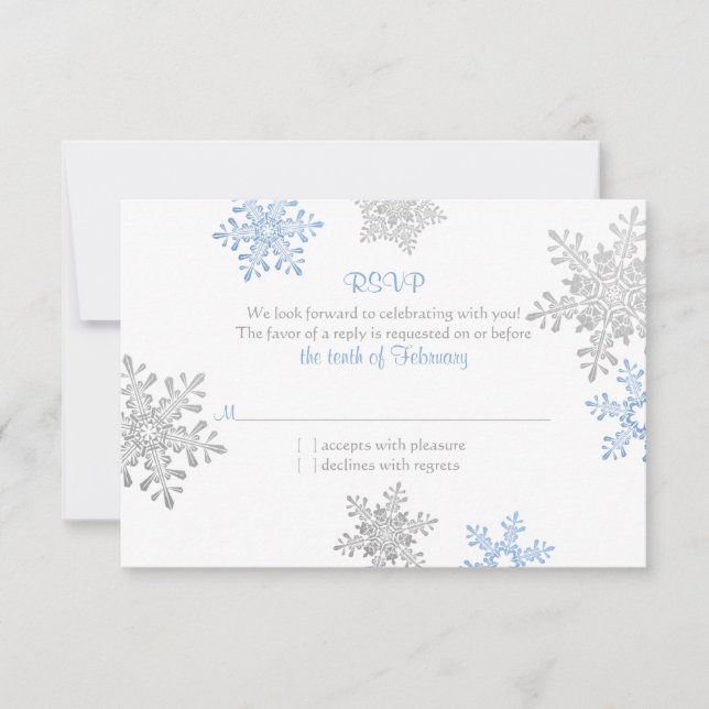 Simple Blue Silver Snowflake Winter Wedding RSVP Card (Front)