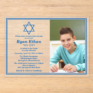 Simple Blue Star of David Photo Bar Mitzvah Acrylic Invitations