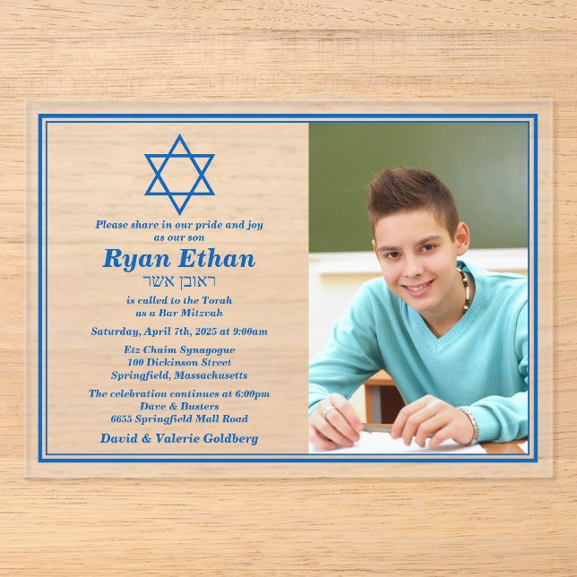 Simple Blue Star of David Photo Bar Mitzvah Acrylic Invitations (Front)