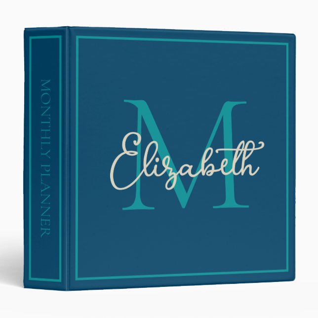 Simple Blue Teal and Cream Monogram Binder (Front/Spine)