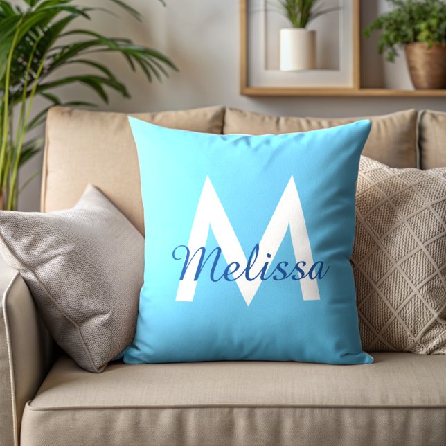 simple Blue teal modern Monogram girly Name  Throw Pillow (Creator Uploaded)