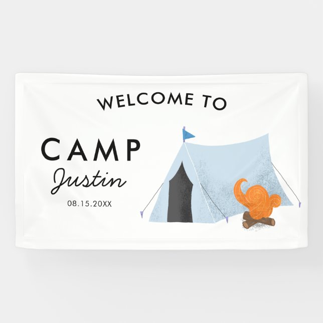 Simple Blue Tent Camping Birthday Party Welcome Banner (Horizontal)