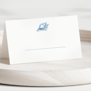 Simple Blue Vintage Seashell Wedding Folded Place Card