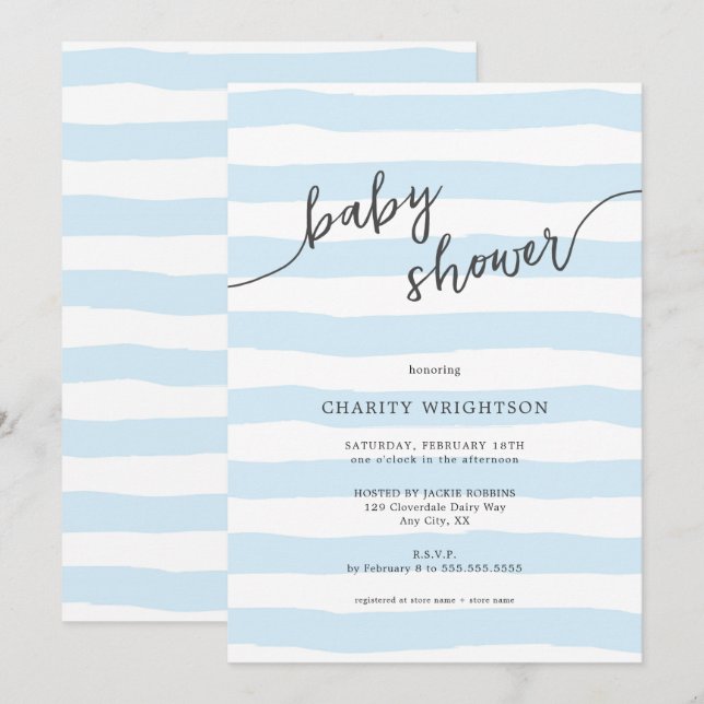 Simple Blue Watercolor Stripes Boy Baby Shower Invitation (Front/Back)