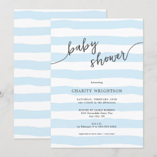 Simple Blue Watercolor Stripes Boy Baby Shower Invitation