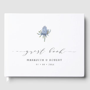 Simple Blue Watercolor Thistle Script Wedding Guest Book