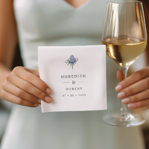 Simple Blue Watercolor Thistle Wedding Names Napkin