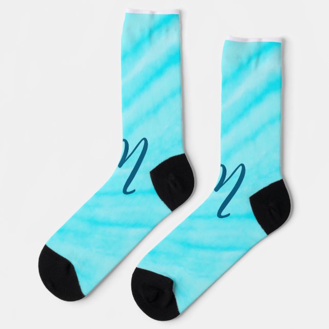 simple blue whi watercolor lines add your monogram socks (Left)