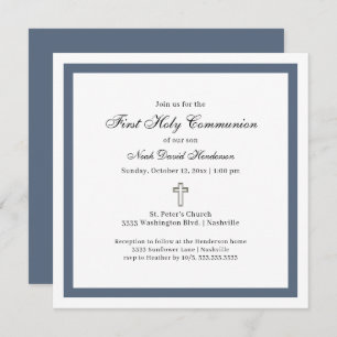 Simple Blue White First Holy Communion  Invitation