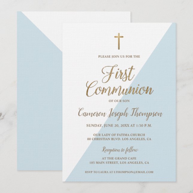 Simple Blue White Gold Modern First communion Invitation (Front/Back)