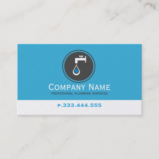 Simple Blue White & Grey Plumbing Services Business Card (Front)
