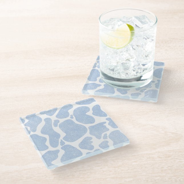 Simple Blue White Large Cow Spots Animal Pattern Glass Coaster (Angled)