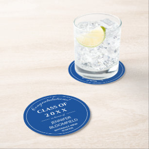 Simple Blue & White Modern 2025 Graduation Round Paper Coaster