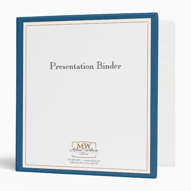 Simple Blue White Monogram Business Binder (Front/Inside)