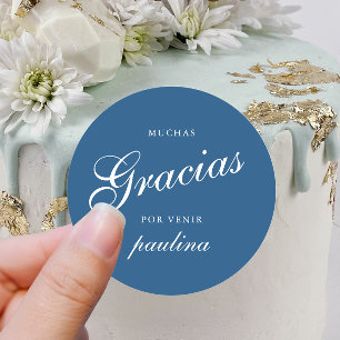 Simple Blue White Quinceañera Gracias Script Name Classic Round Sticker