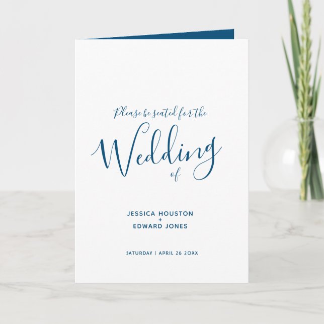 Simple blue white script wedding programs (Front)