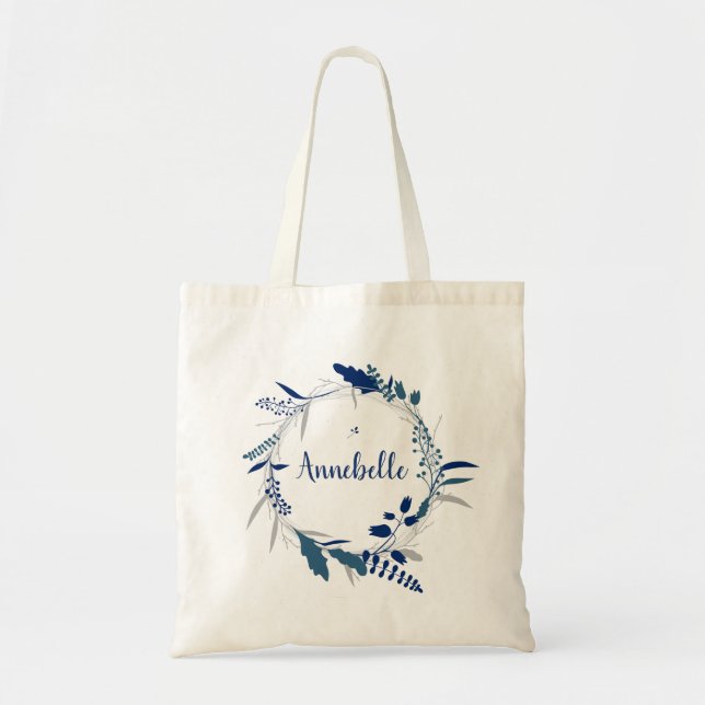 Simple Blue Winter Wedding Wreath Personalize Tote Bag (Front)