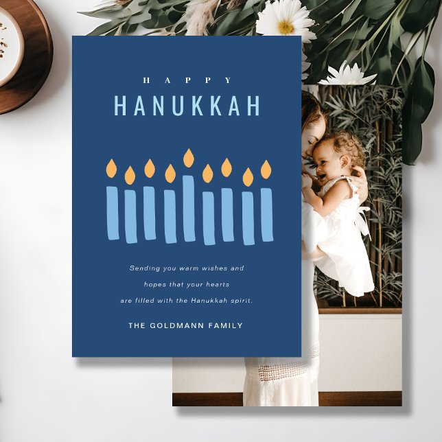 Simple Blue Yellow Candles Happy Hanukkah Photo Holiday Card (Creator Uploaded)