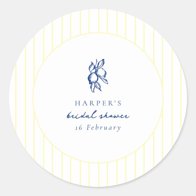 Simple Blue & Yellow Lemons Bridal Shower Favor Classic Round Sticker (Front)
